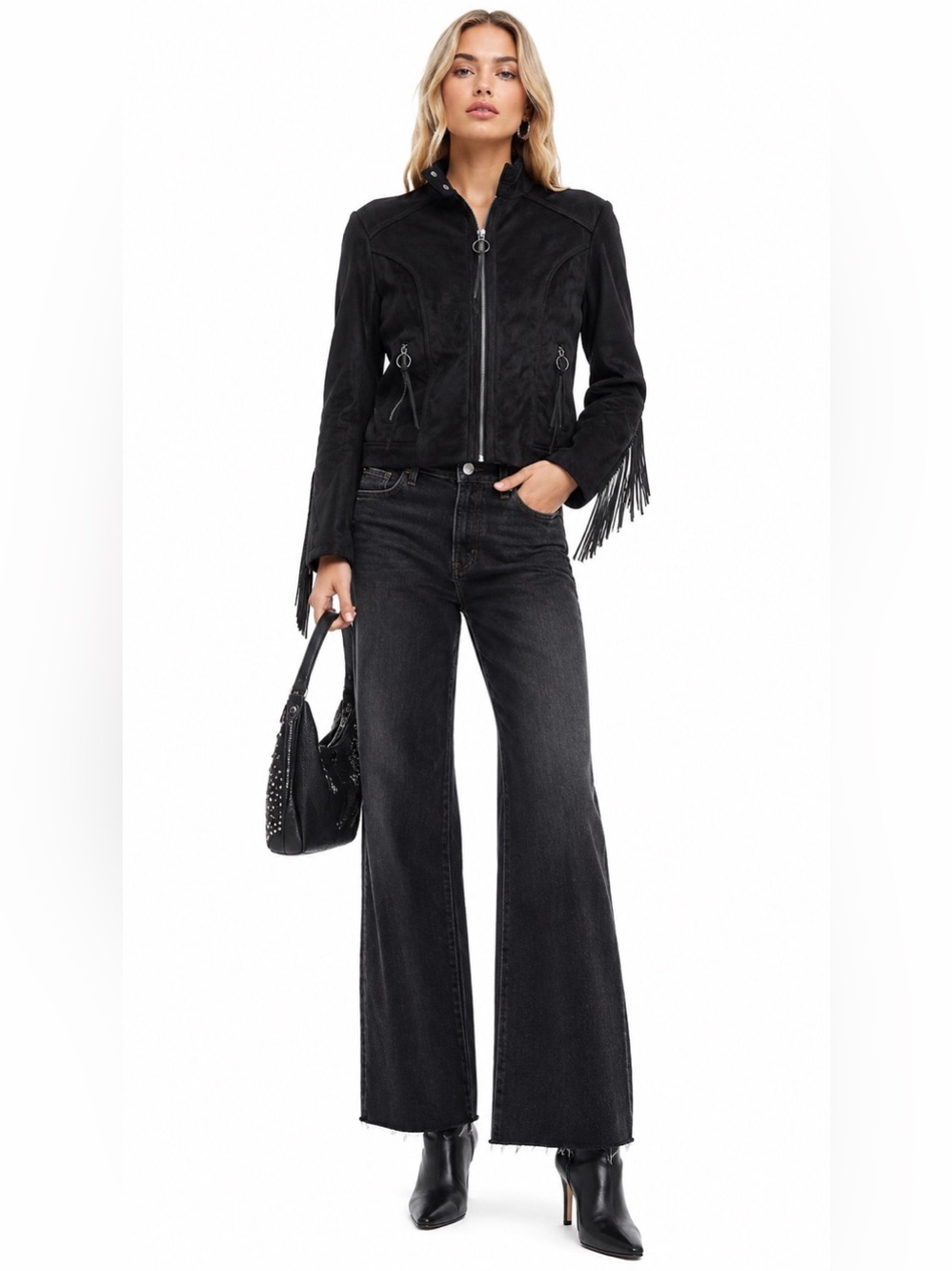 RACHEL Rachel Roy Black Faux Suede Leather Fringe Cowgirl Country Star Jacket